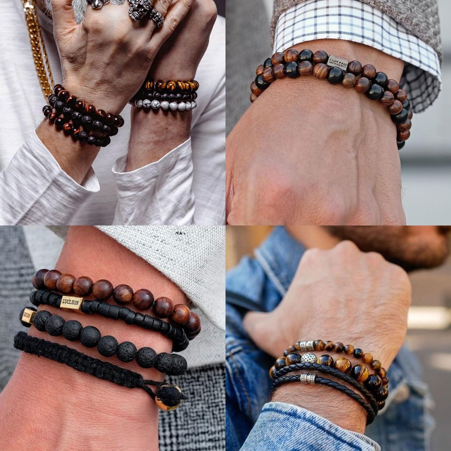 RANKEEF Tiger Eye Bracelet For Men 8MM Natural Stone Beads Bracelet Set Stretch Lava Rock Bracelets Adjustable Black Crystal Beaded Bracelet for Men Women Gifts